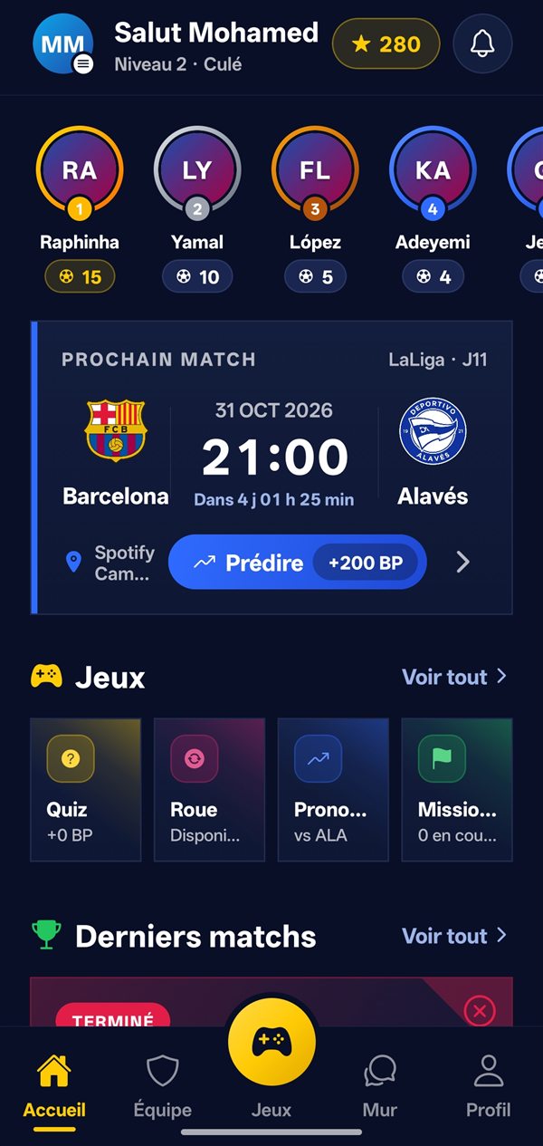 Écran d'accueil : buteurs, prochain match et jeux du jour
