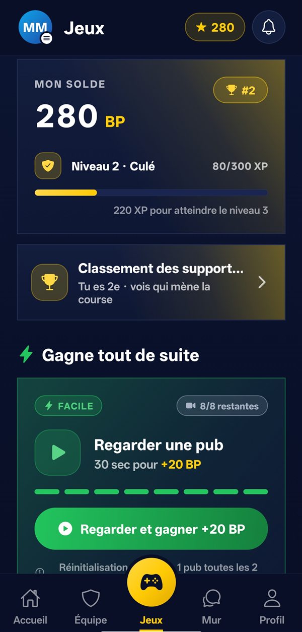 Écran Jeux : solde de Barça Points, niveau et classement